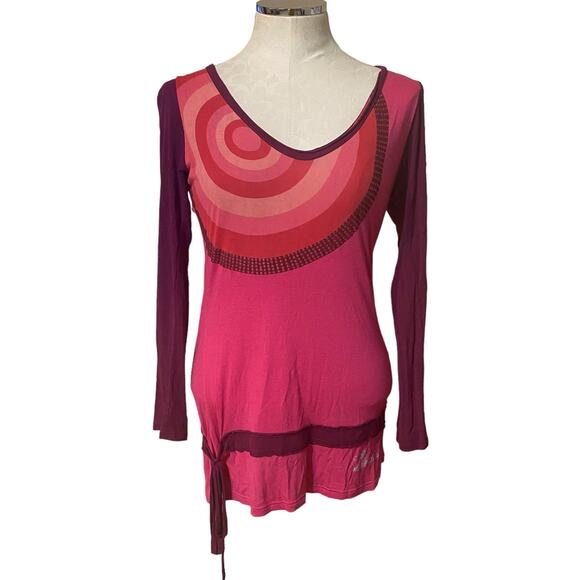 Desigual Pink Red Long Sleeve V-Neck Circle Print Tunic Top - Picture 1 of 4